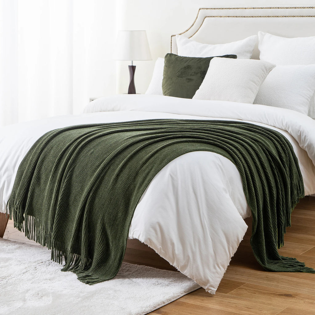 Green Chenille Knit Throw | Tasseled Edges | 50x60 or 60x80 in