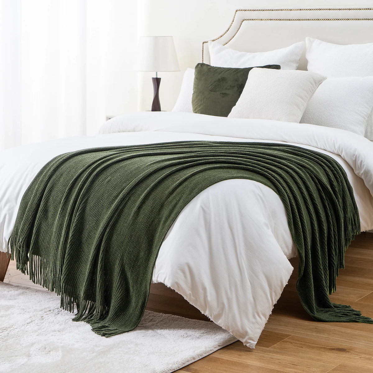 Green Chenille Knit Throw | Tasseled Edges | 50x60 or 60x80 in