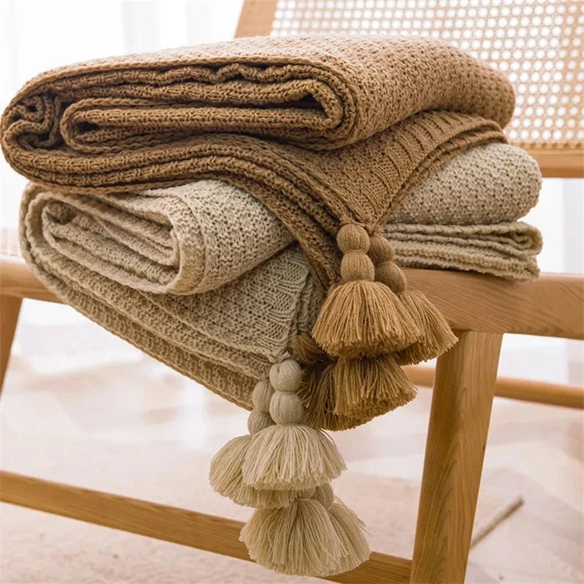 Waffle-Knit Throw Blanket with Tassels | Embossed Chunky Texture