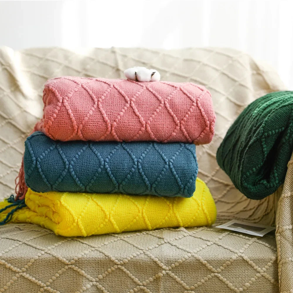 Textured Knit Throw Blanket with Tassels | 13 Colors | 50x71 to 59x91 in