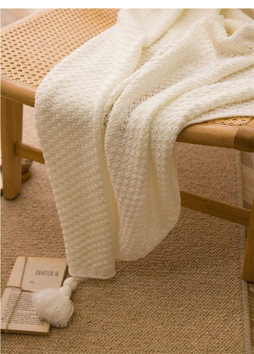 Waffle-Knit Throw Blanket with Tassels | Embossed Chunky Texture