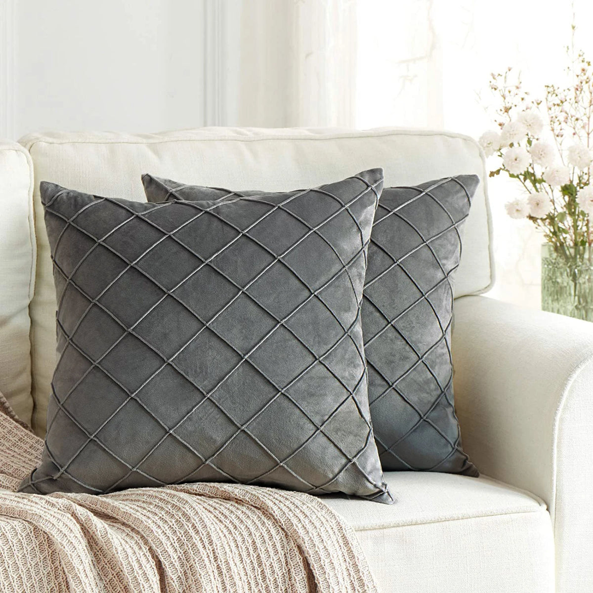Dark Gray Velvet Plaid Pillow Cover | Cover Only | 12x20 to 20x20 in