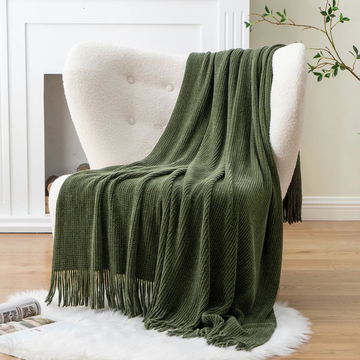 Green Chenille Knit Throw | Tasseled Edges | 50x60 or 60x80 in