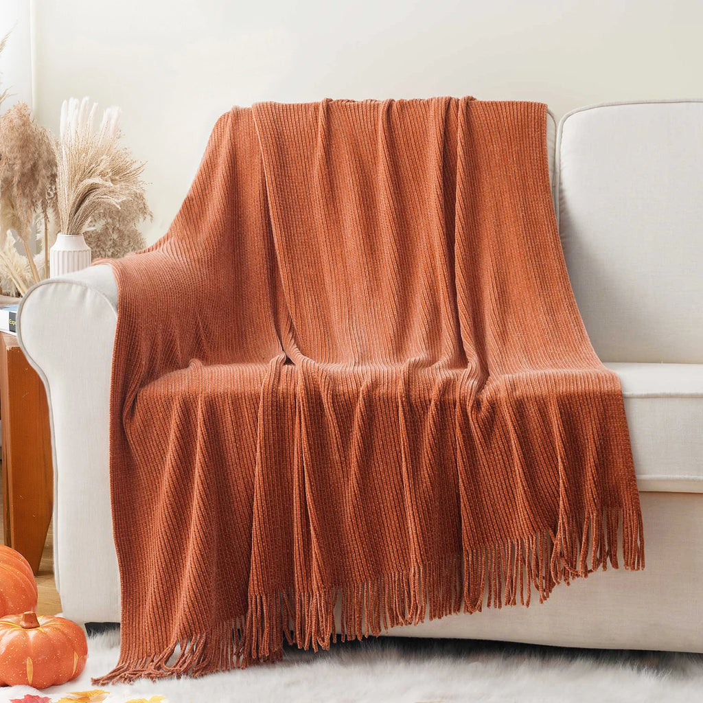 Green Chenille Knit Throw | Tasseled Edges | 50x60 or 60x80 in