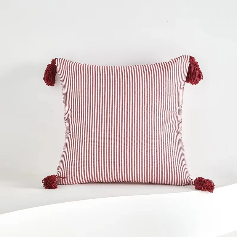 Red and White Checkered Pillow Cover | Velvet with Tassels, Cover Only | 18x18 in