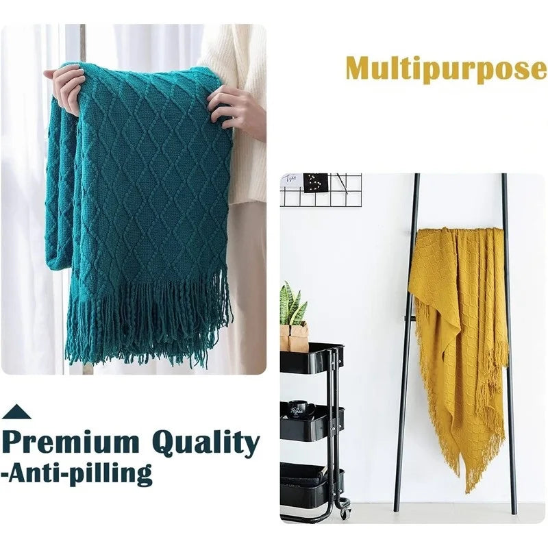 Nordic Knit Throw Blanket with Tassels | Khaki, Cream and Grey