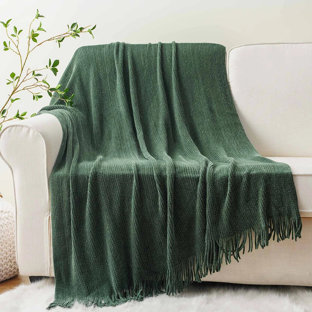 Green Chenille Knit Throw | Tasseled Edges | 50x60 or 60x80 in