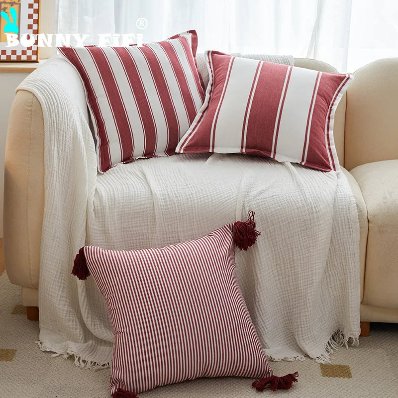 Red and White Checkered Pillow Cover | Velvet with Tassels, Cover Only | 18x18 in