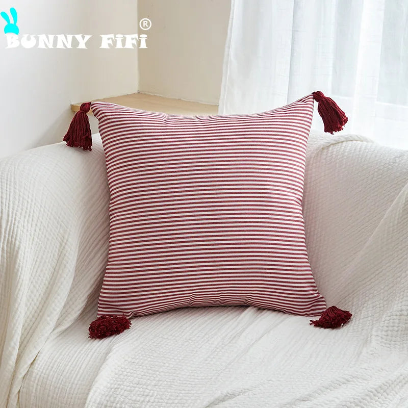 Red and White Checkered Pillow Cover | Velvet with Tassels, Cover Only | 18x18 in