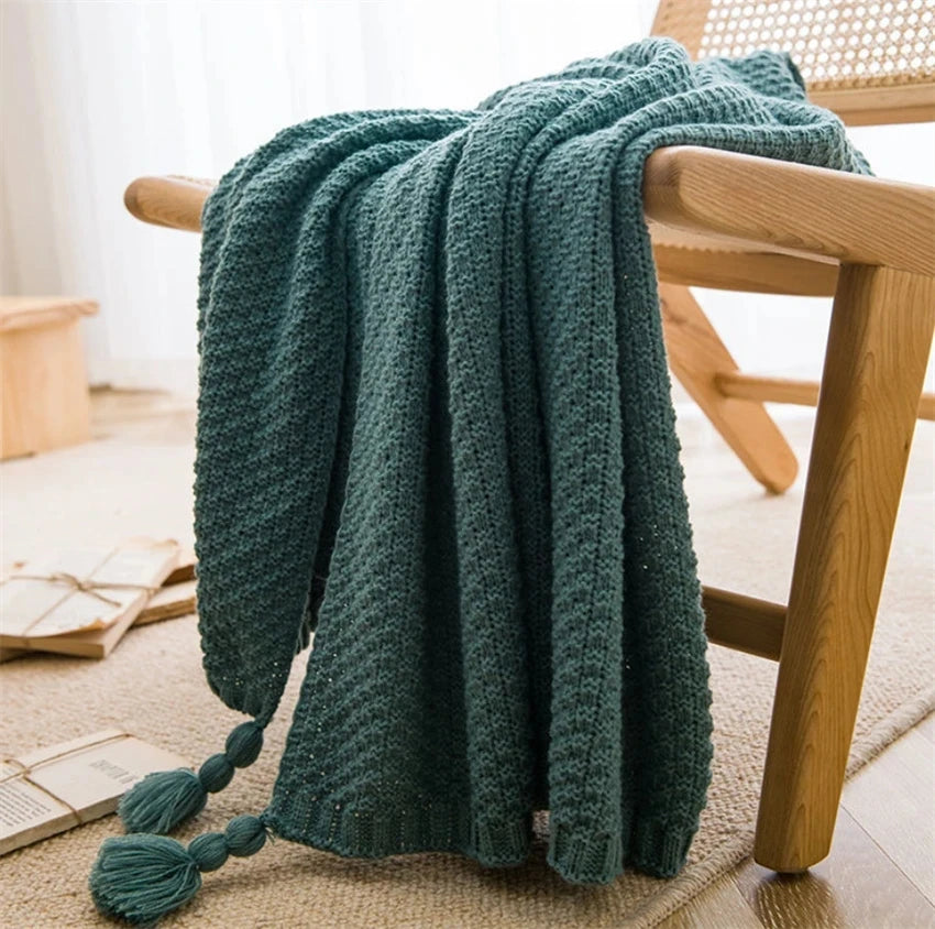 Waffle-Knit Throw Blanket with Tassels | Embossed Chunky Texture