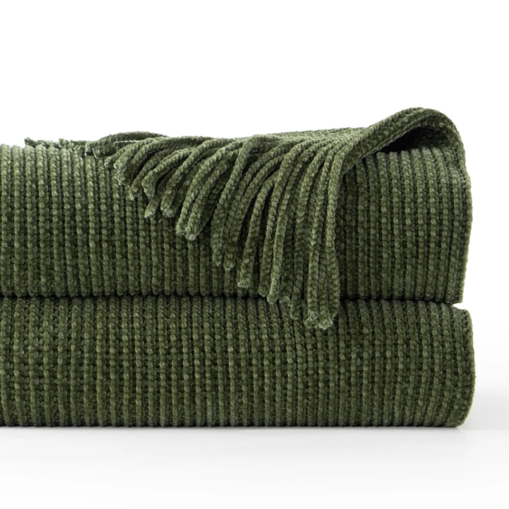 Green Chenille Knit Throw | Tasseled Edges | 50x60 or 60x80 in