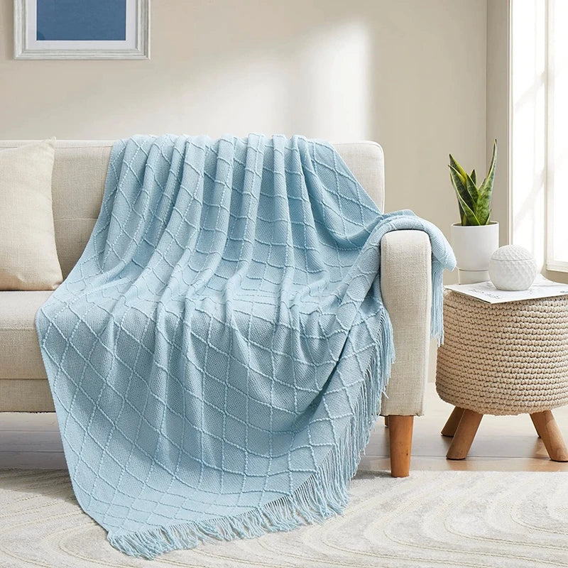 Nordic Knit Throw Blanket with Tassels | Khaki, Cream and Grey