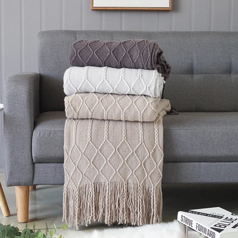 Nordic Knit Throw Blanket with Tassels | Khaki, Cream and Grey