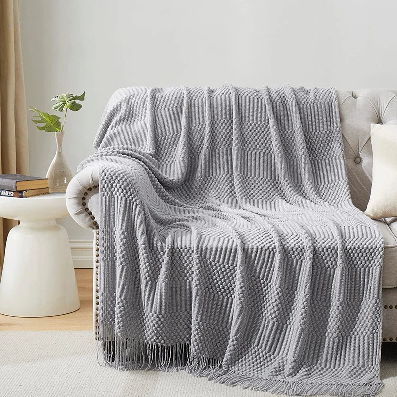 Nordic Knit Throw Blanket with Tassels | Khaki, Cream and Grey