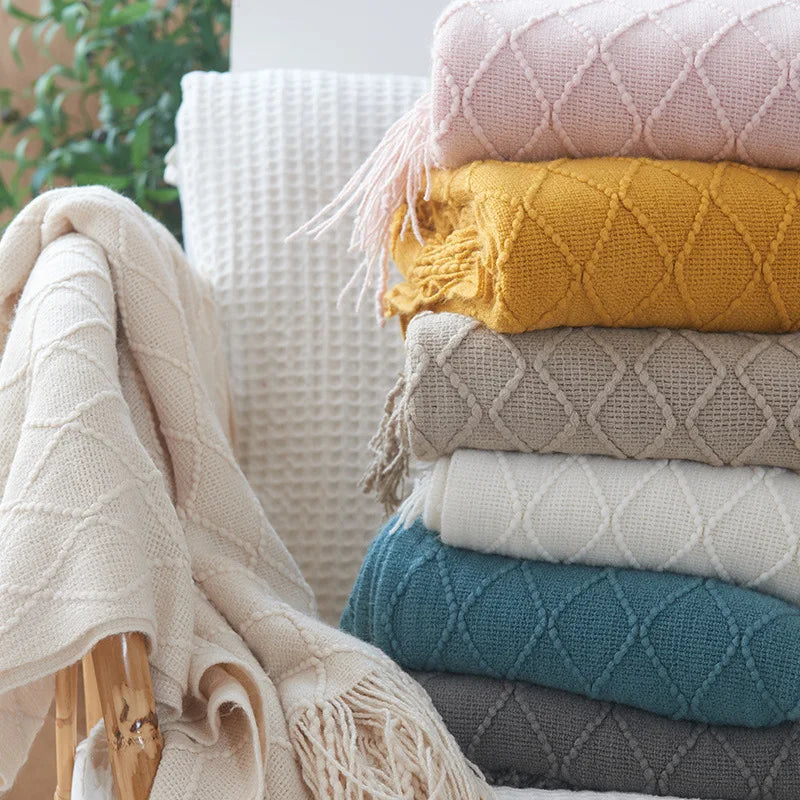 Nordic Knit Throw Blanket with Tassels | Khaki, Cream and Grey