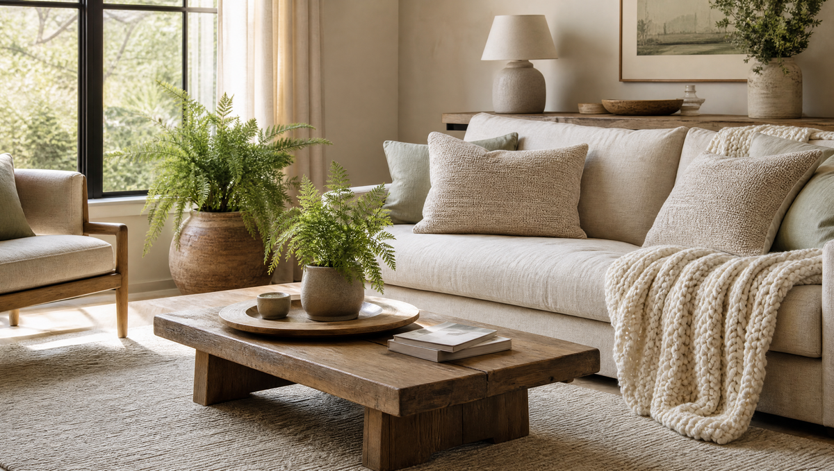 Sunlit living room with a linen sofa, cushions and potted ferns