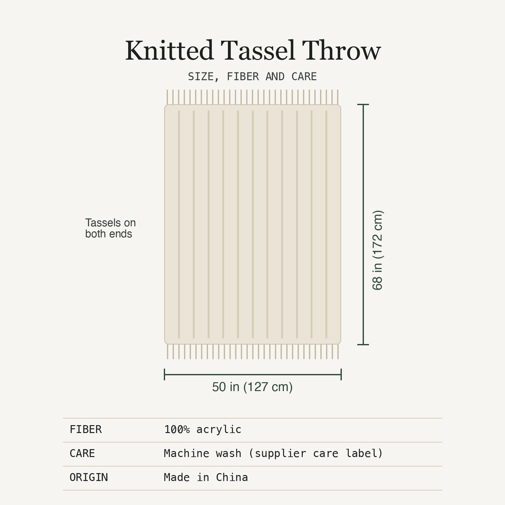 Size diagram of the knitted tassel throw: 50 x 68 in (127 x 172 cm), 100% acrylic, machine wash