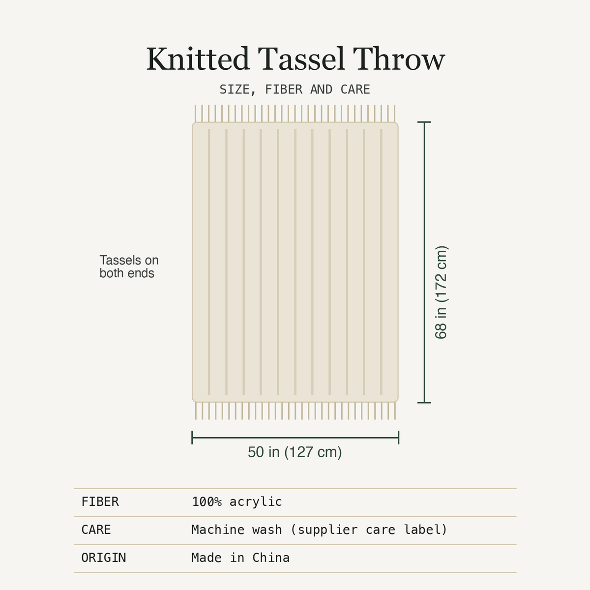 Size diagram of the knitted tassel throw: 50 x 68 in (127 x 172 cm), 100% acrylic, machine wash