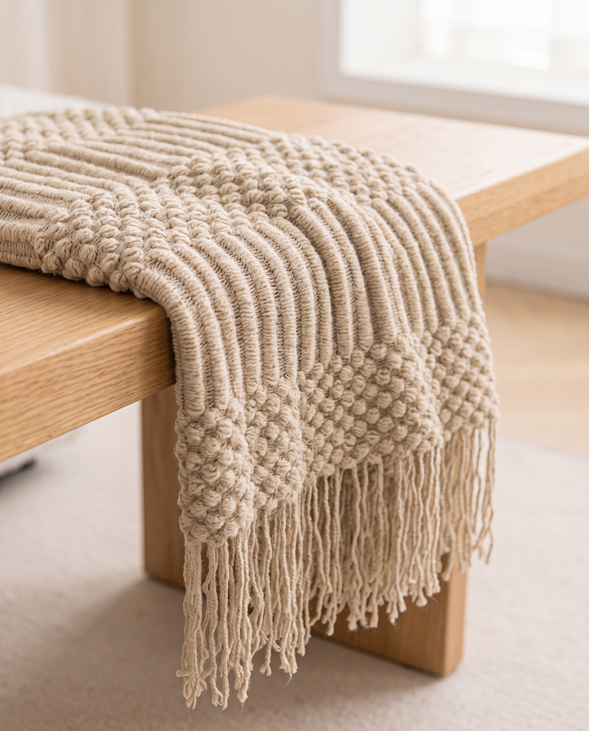 Close-up of the khaki knit texture and tassels on an oak bench