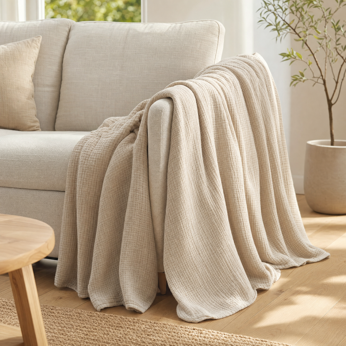 Styled image: beige cotton muslin throw draped over a cream sofa